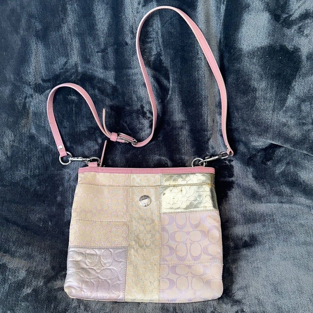 Coach Patchwork Crossbody Bag Pink purple silver gold white and Cream